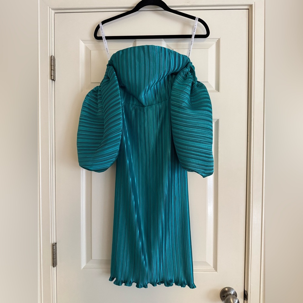L'Idée Sirene Plissé Puff-Sleeve Dress Teal Size US 2 (AU 6) - Picture 3 of 4